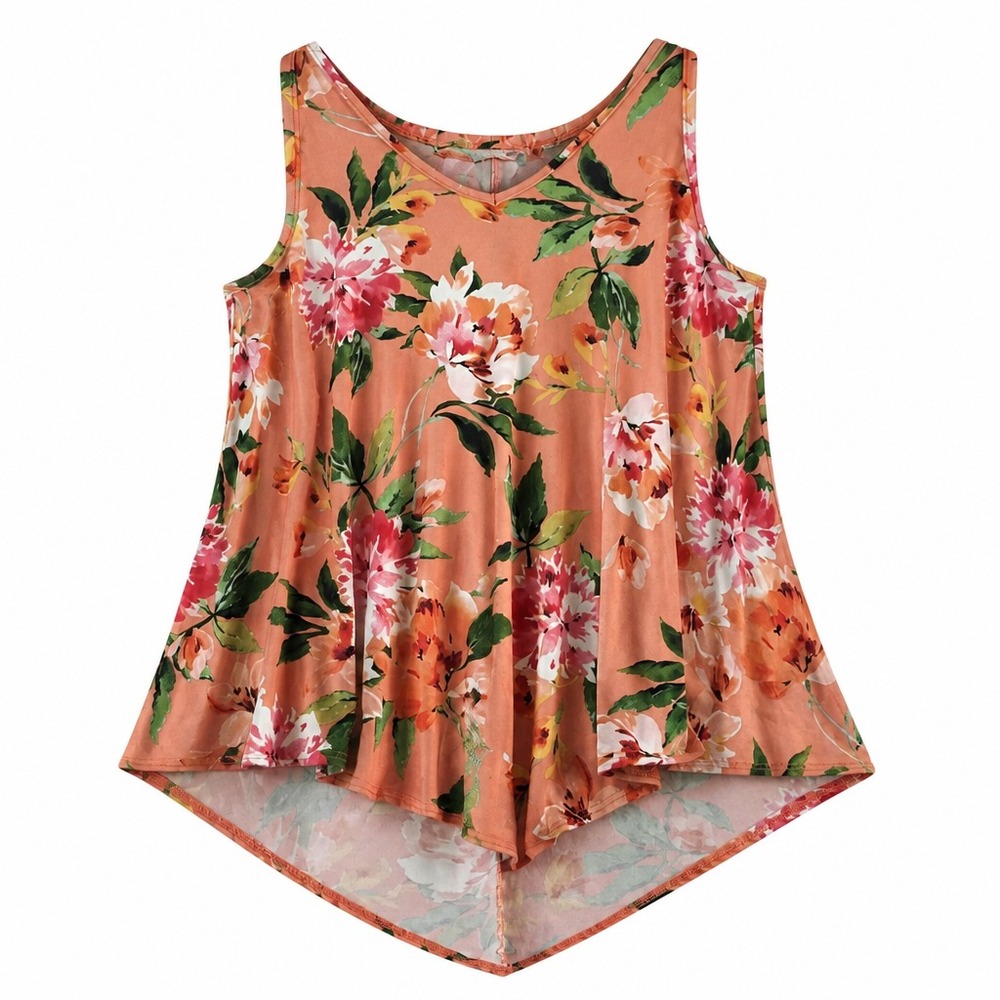 First Love Orange Floral Sharkbite Hem Tank Top Sleeveless V-Neck Blouse XL